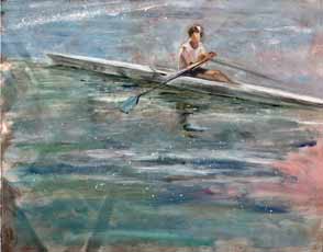Slika z motivom veslača na reki v slikarski tehniki z oljnimi barvamina platno. Avtorica je potrpežljivo trenirala risbo veslača in nato z lahkotnimi potezami naslikala veslača v zgornjem desnem kotu slikarskega platna.