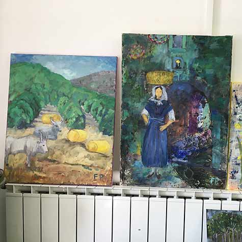 Oljni sliki z akrilno podslikavo nastali v poletni slikarski delavnici v slovenski Istri, 2022.