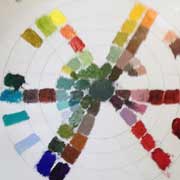 Mešanje barv na slikarski paleti v šoli slikanja.